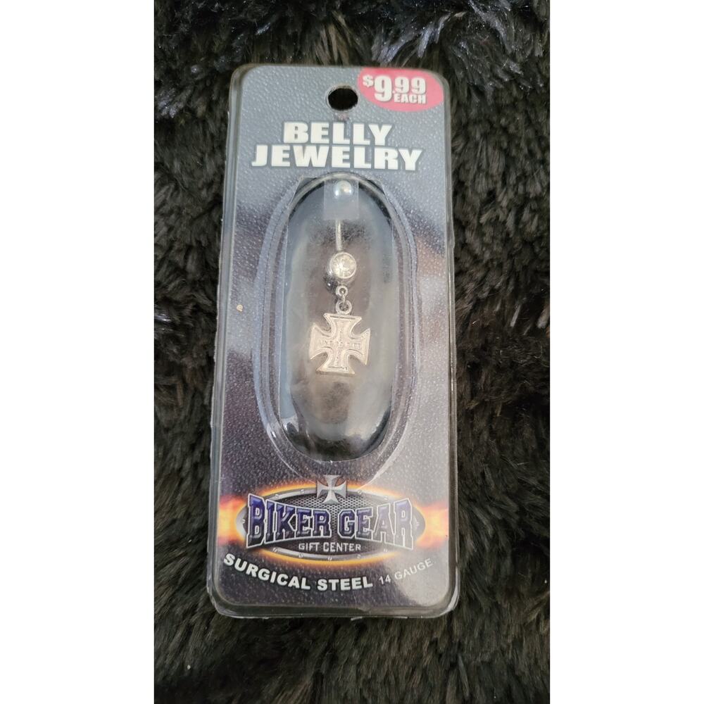 Y2K Biker Cross Belly Button Ring Live to Ride Surgical Steel 14g NOS